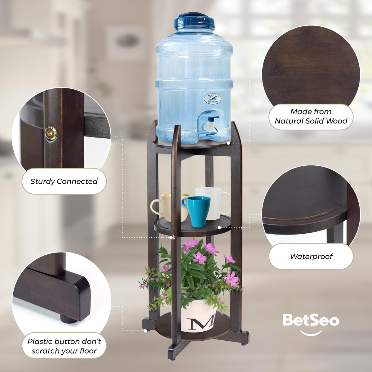Solid Wood Water Dispenser Floor Stand with 3 Round Shelfs K5360