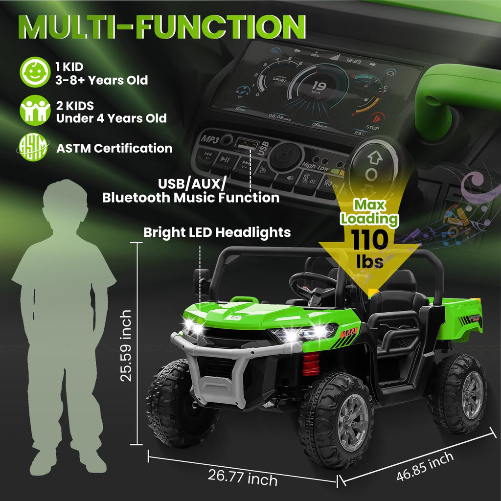 24V 4WD Ride on Truck Car with Dump Bed, 2 Seaters, Remote Control, Green E1265