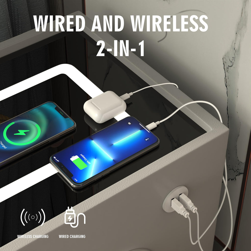 Grey 2 Drawer Nightstand with Wireless Charging Station Y855