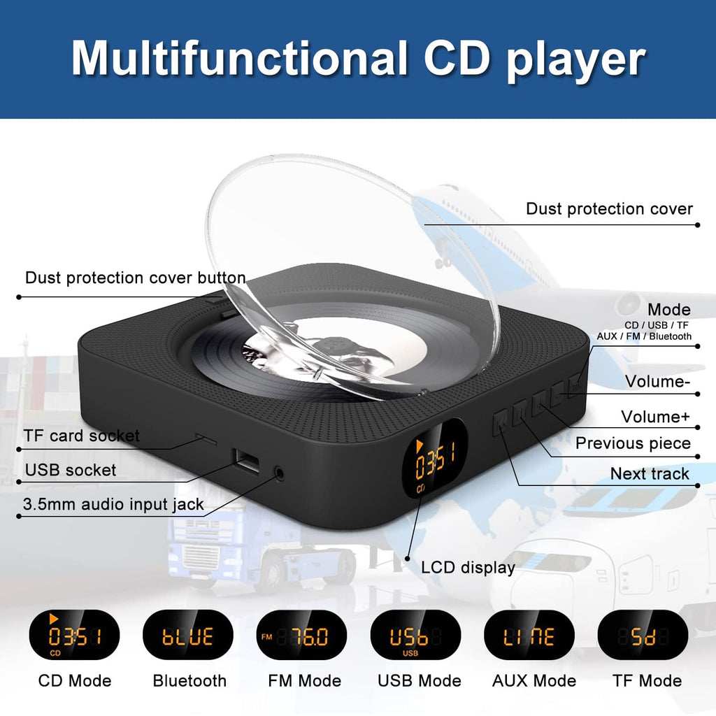 Portable CD Player with Bluetooth, Dual Speakers, LED Display, FM Radio, Black R88717