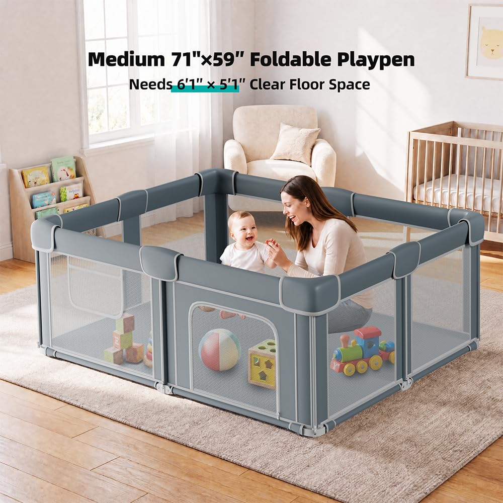 Foldable Baby Playpen with Mat, 71x59 Inches, Grey Y88543