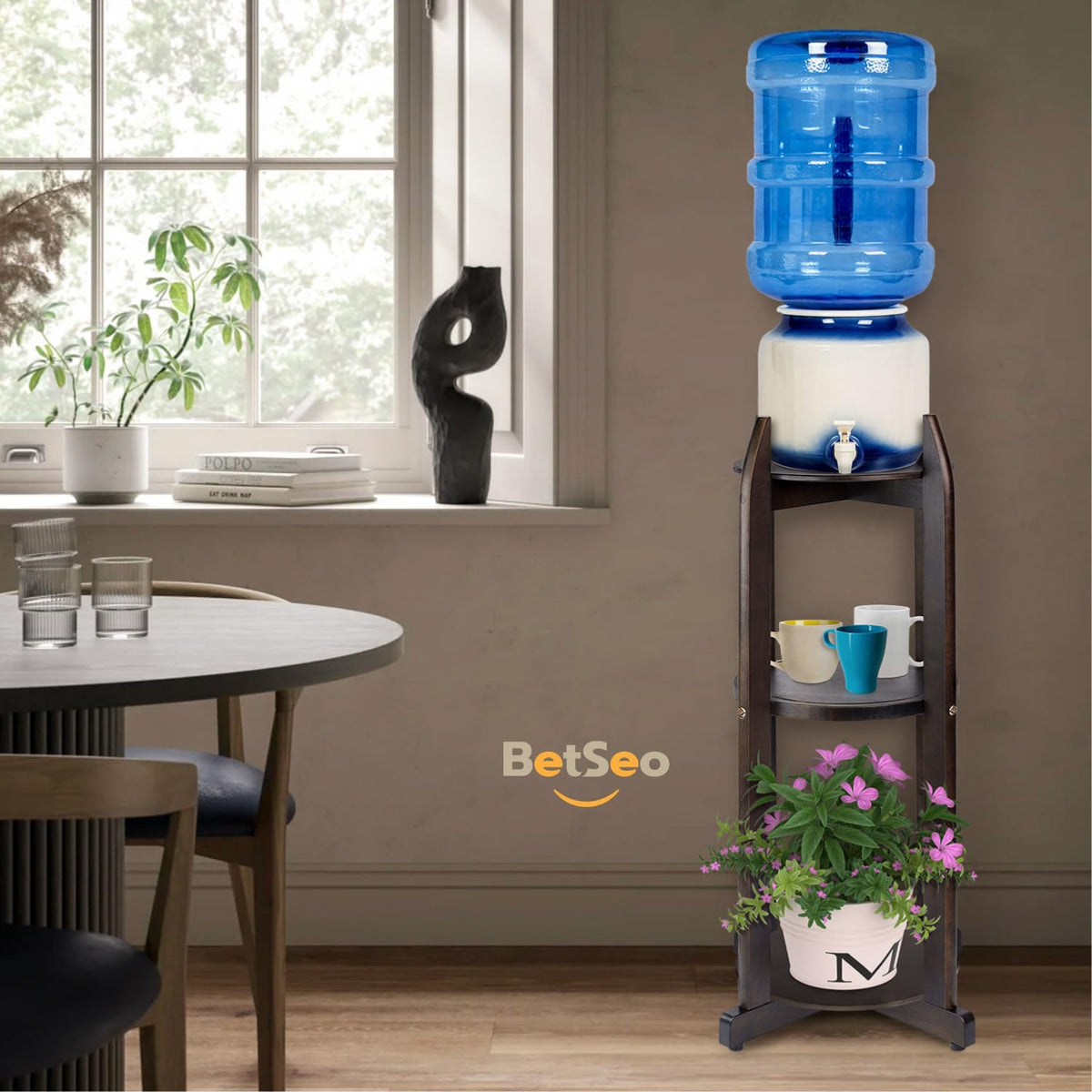 Solid Wood Water Dispenser Floor Stand with 3 Round Shelfs K5360