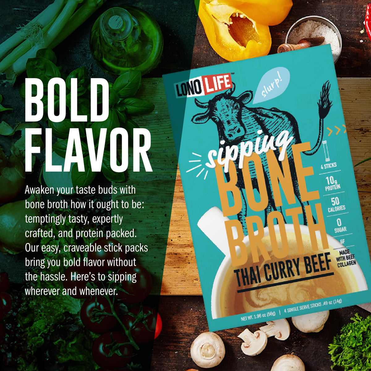 Thai Curry Beef Bone Broth Powder Mix 24 Stick Pack N3939