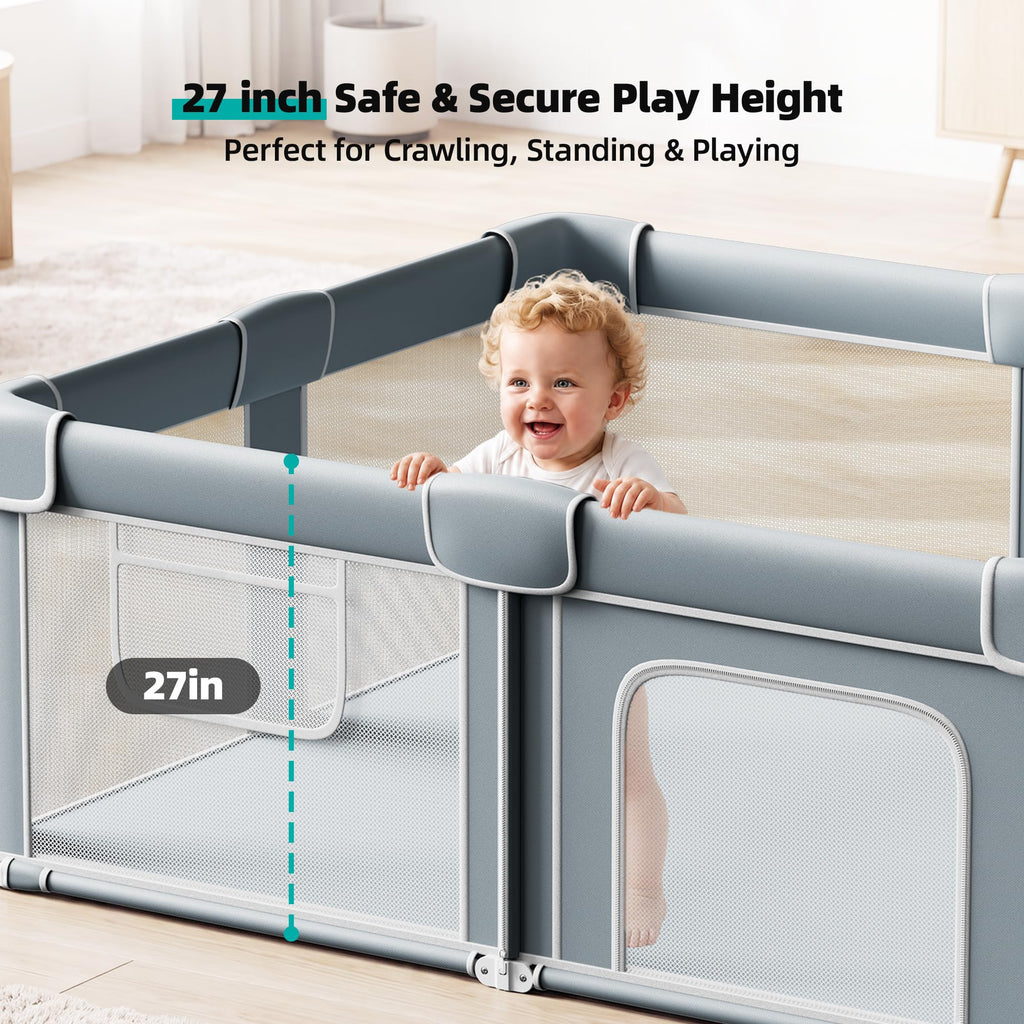 Foldable Baby Playpen with Mat, 71x59 Inches, Grey Y88543