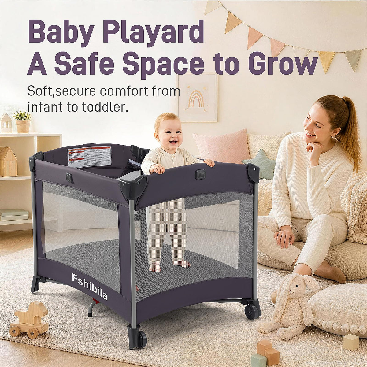 4-in-1 Portable Baby Playard with Bassinet and Changing Table, Black Q295