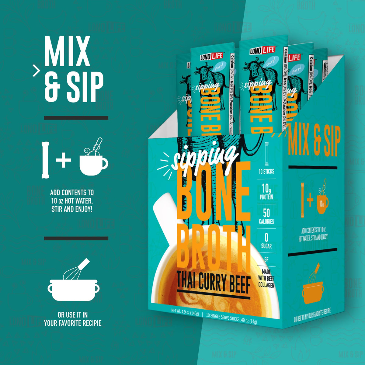 Thai Curry Beef Bone Broth Powder Mix 24 Stick Pack N3939
