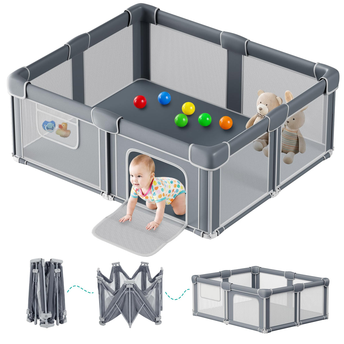 Foldable Baby Playpen with Mat, 71x59 Inches, Grey Y88543