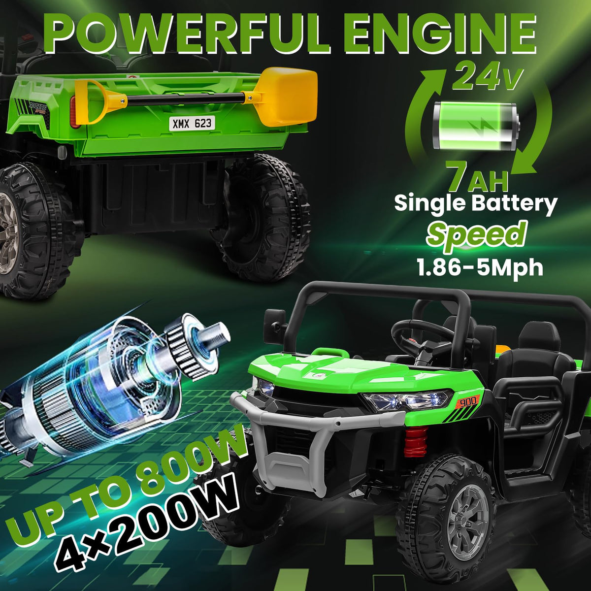 24V 4WD Ride on Truck Car with Dump Bed, 2 Seaters, Remote Control, Green E1265
