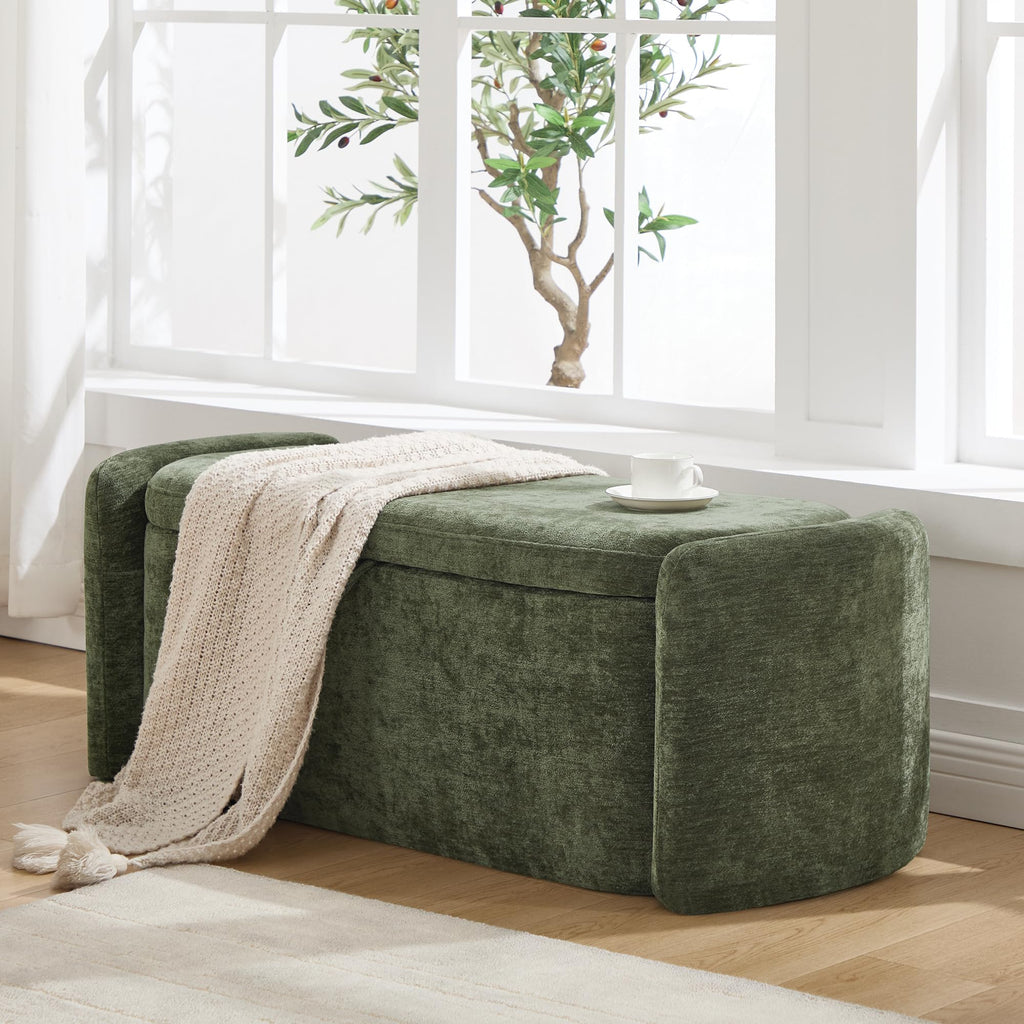 Green Chenille Upholstered Storage Ottoman Bench Y687