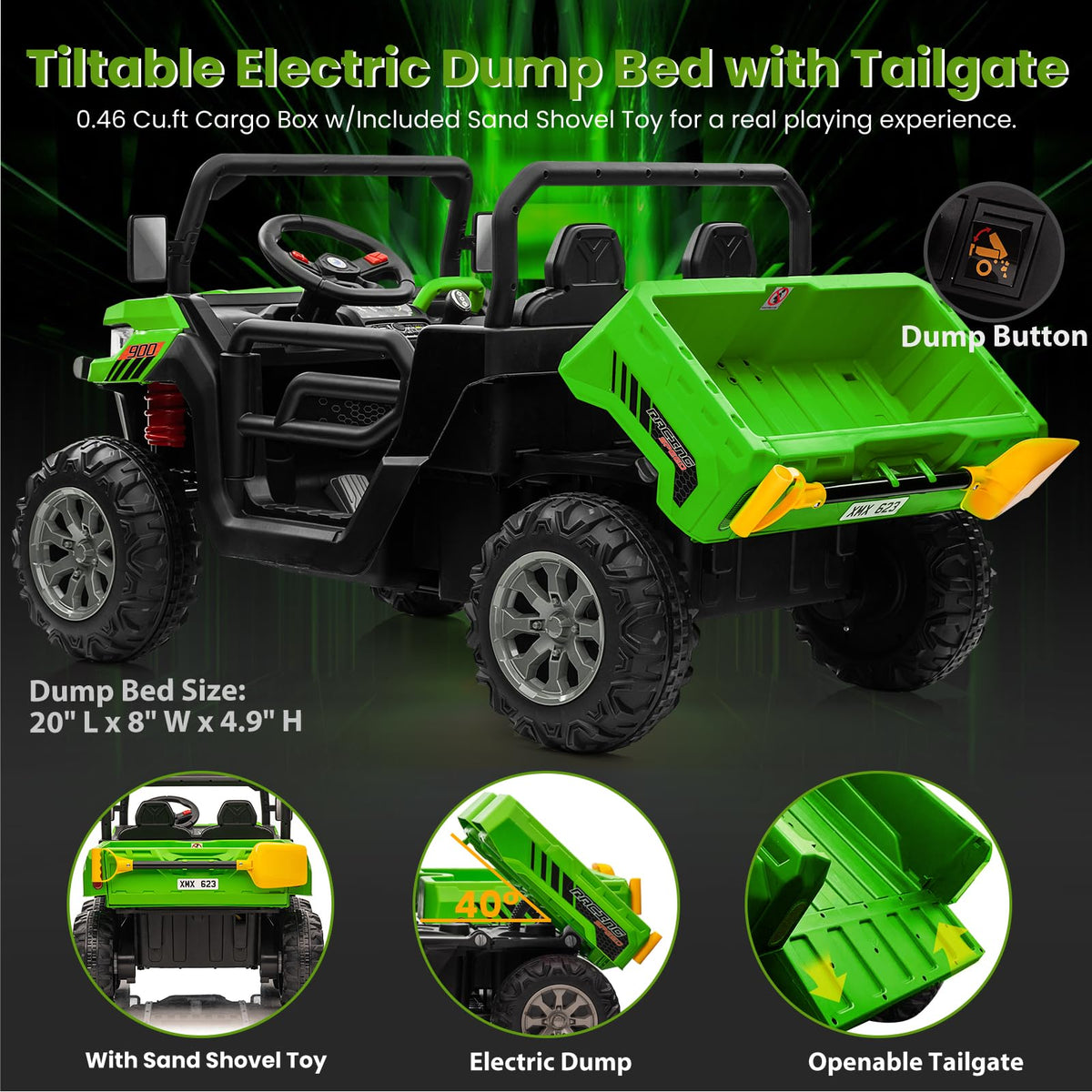 24V 4WD Ride on Truck Car with Dump Bed, 2 Seaters, Remote Control, Green E1265