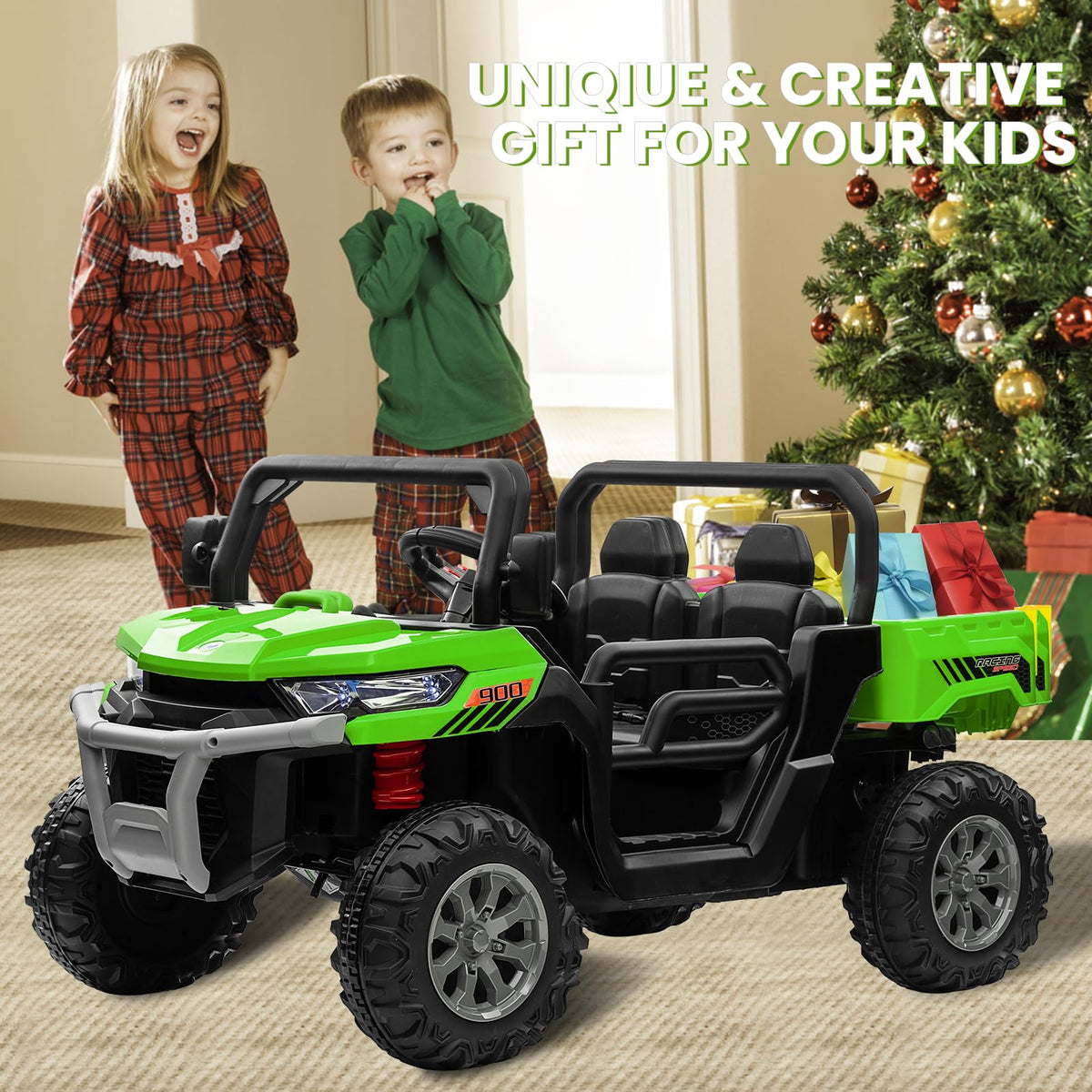 24V 4WD Ride on Truck Car with Dump Bed, 2 Seaters, Remote Control, Green E1265