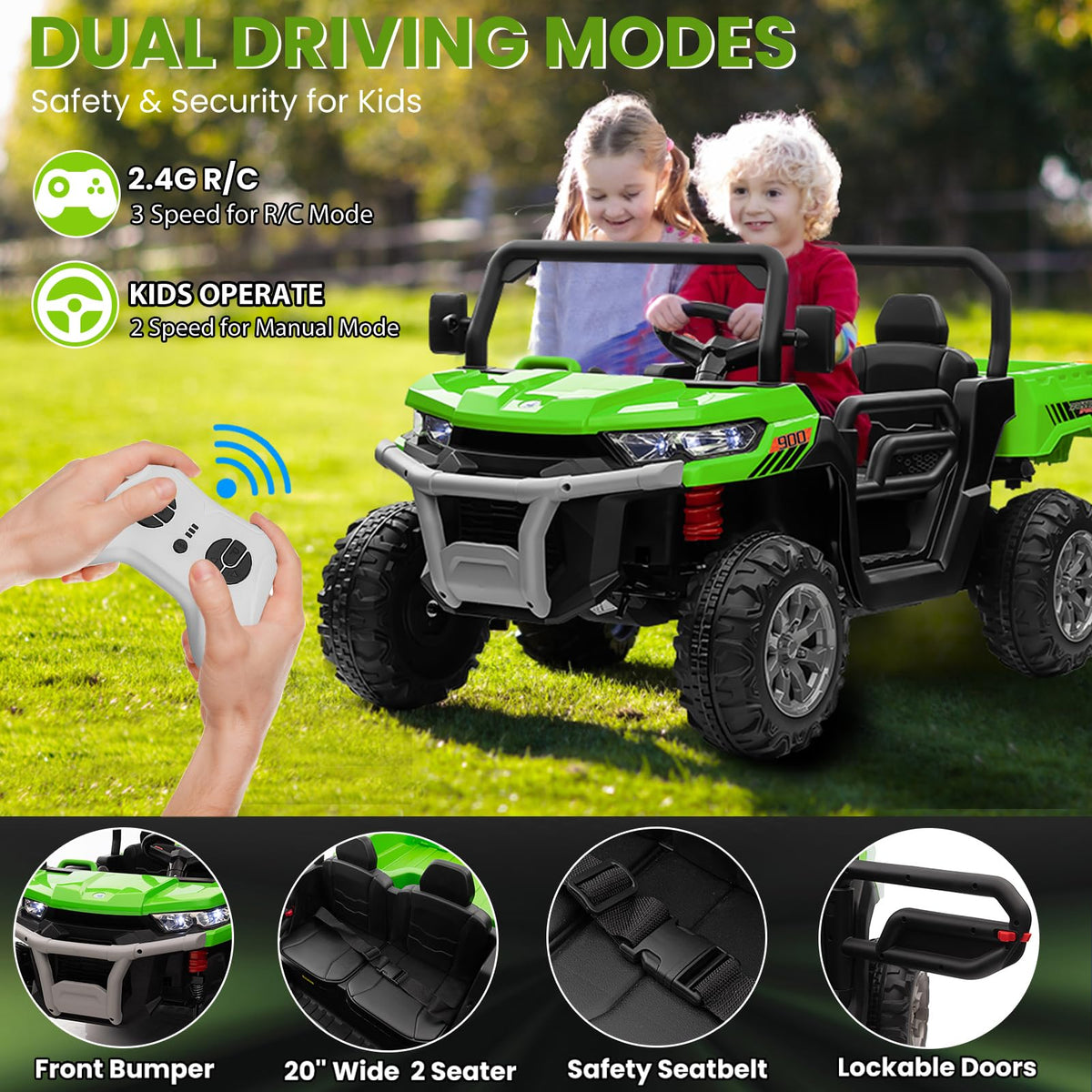 24V 4WD Ride on Truck Car with Dump Bed, 2 Seaters, Remote Control, Green E1265