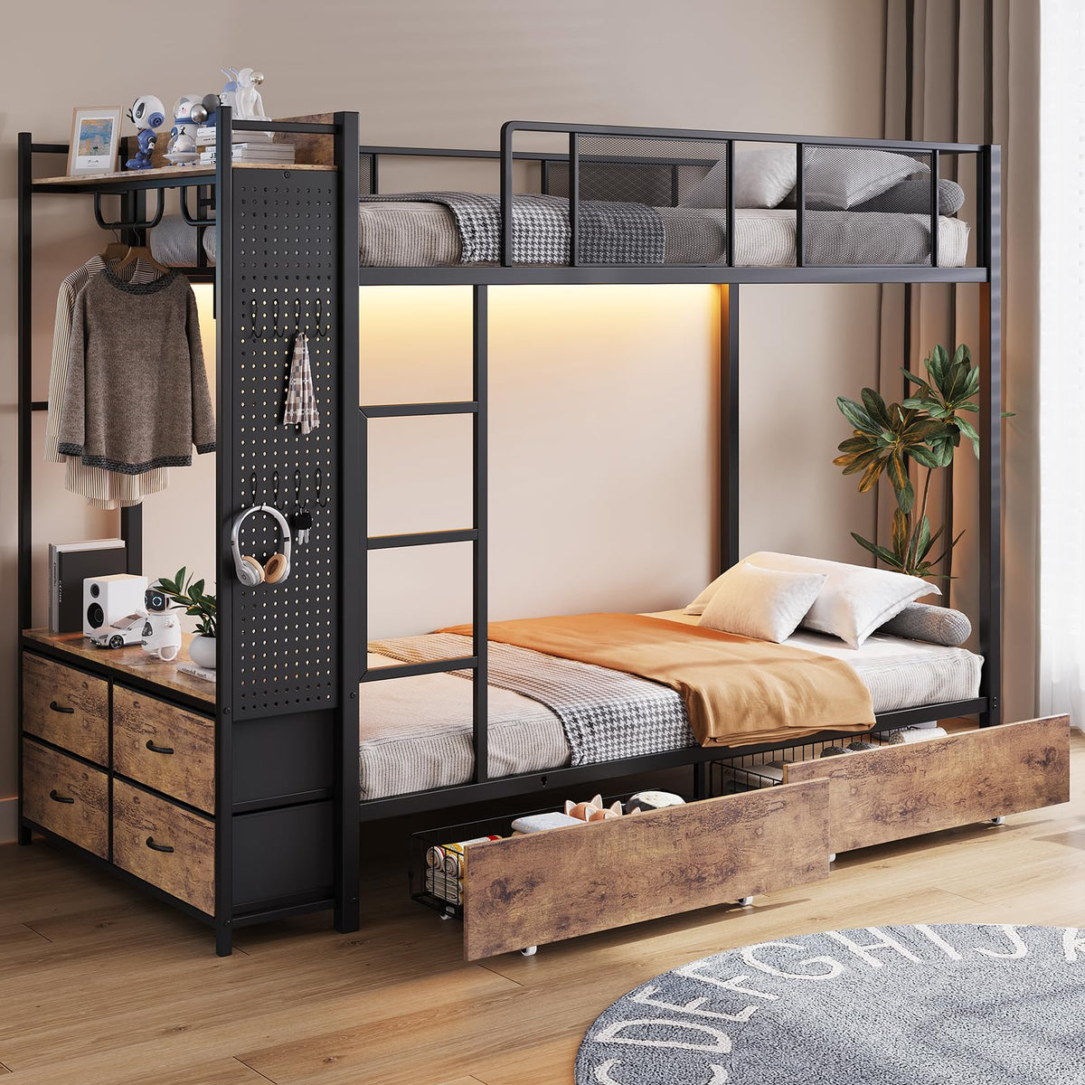 Twin Over Twin Metal Bunk Bed with Storage Drawers G75791