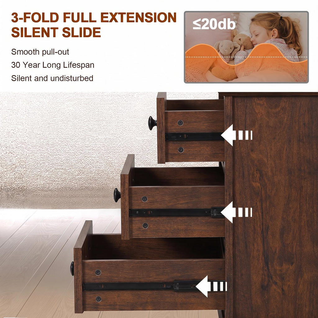 Cherry 3 Drawer Wood Nightstand with Charging Station W17497