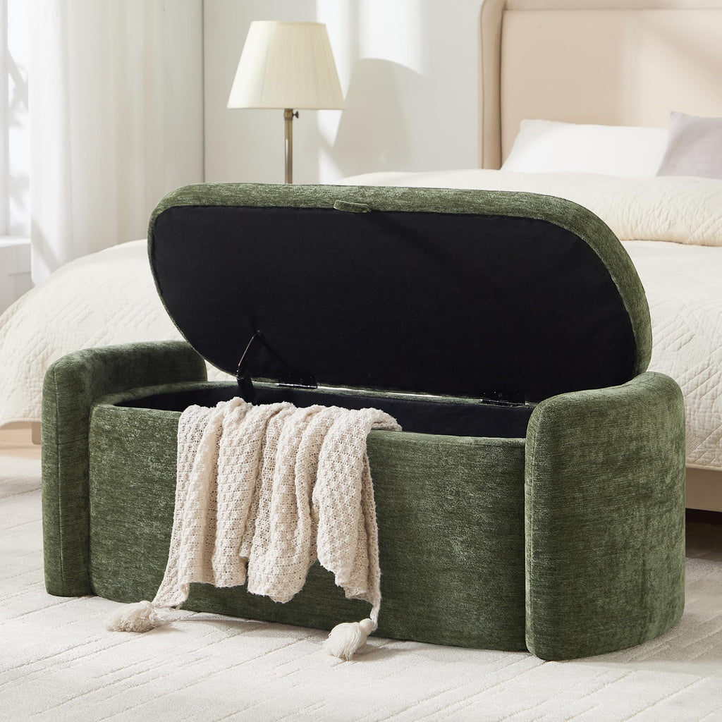 Green Chenille Upholstered Storage Ottoman Bench Y687
