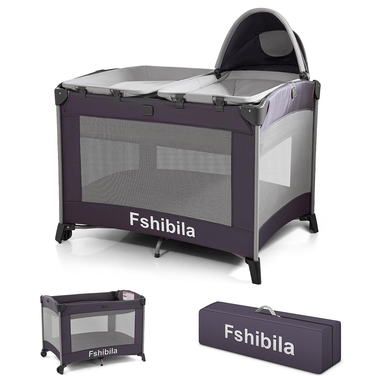 4-in-1 Portable Baby Playard with Bassinet and Changing Table, Black Q295