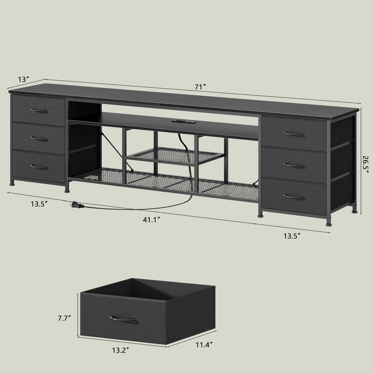Black Dresser TV Stand with LED Lights & Charging Station D7615