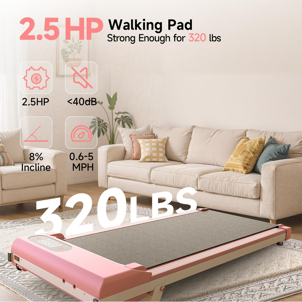 Pink 3 in 1 Portable Walking Pad Treadmill E526254