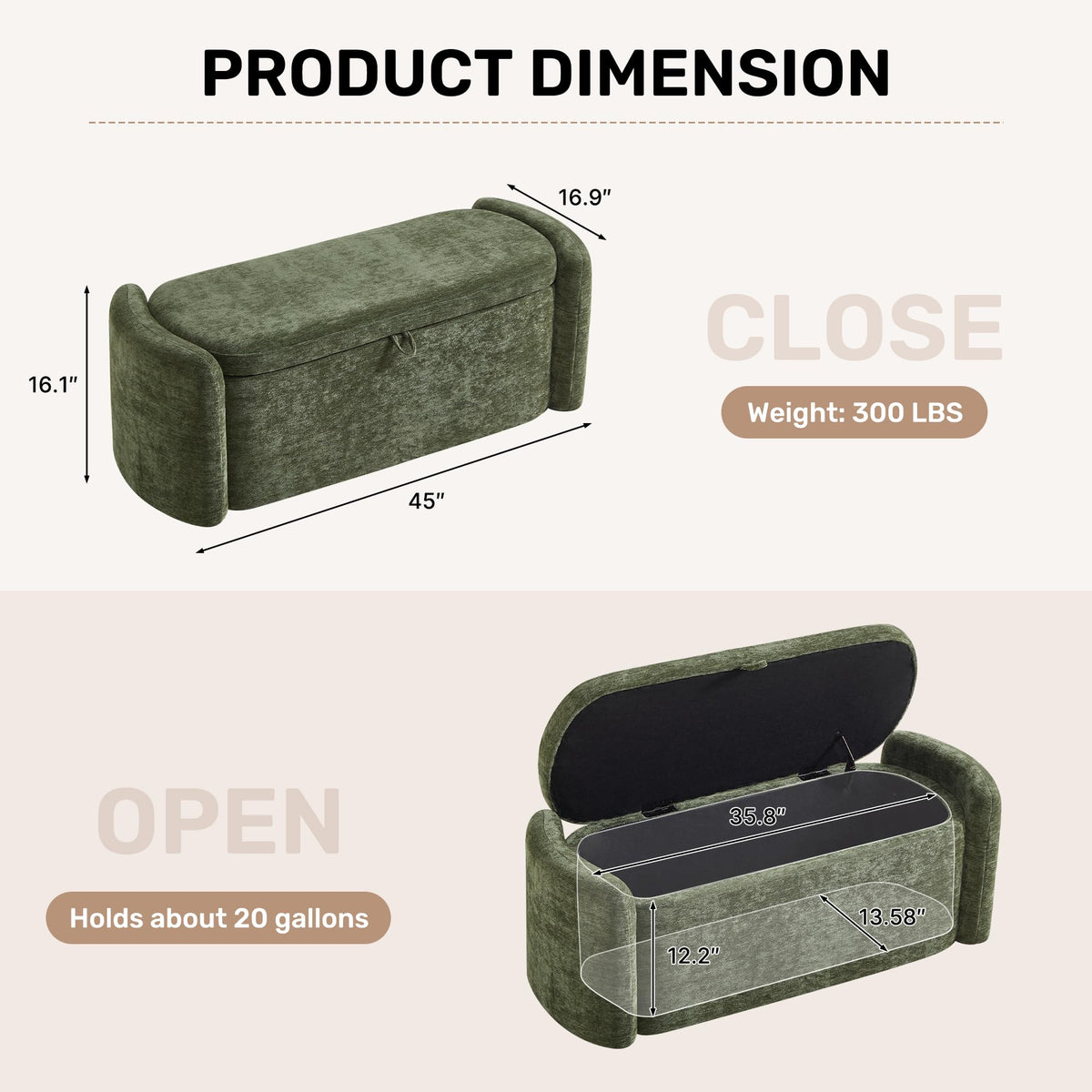 Green Chenille Upholstered Storage Ottoman Bench Y687