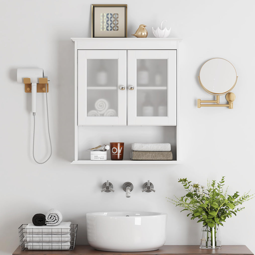 White Bathroom Wall Cabinet with Glass Doors Q489759