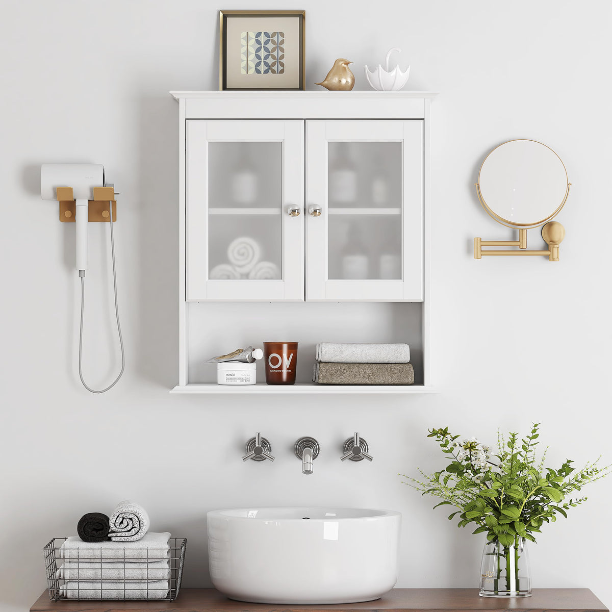 White Bathroom Wall Cabinet with Glass Doors Q489759