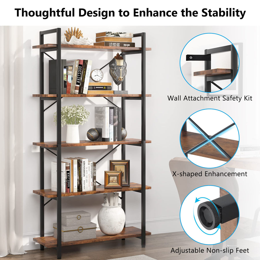 5 Tier Industrial Bookshelf with Metal Frame V702
