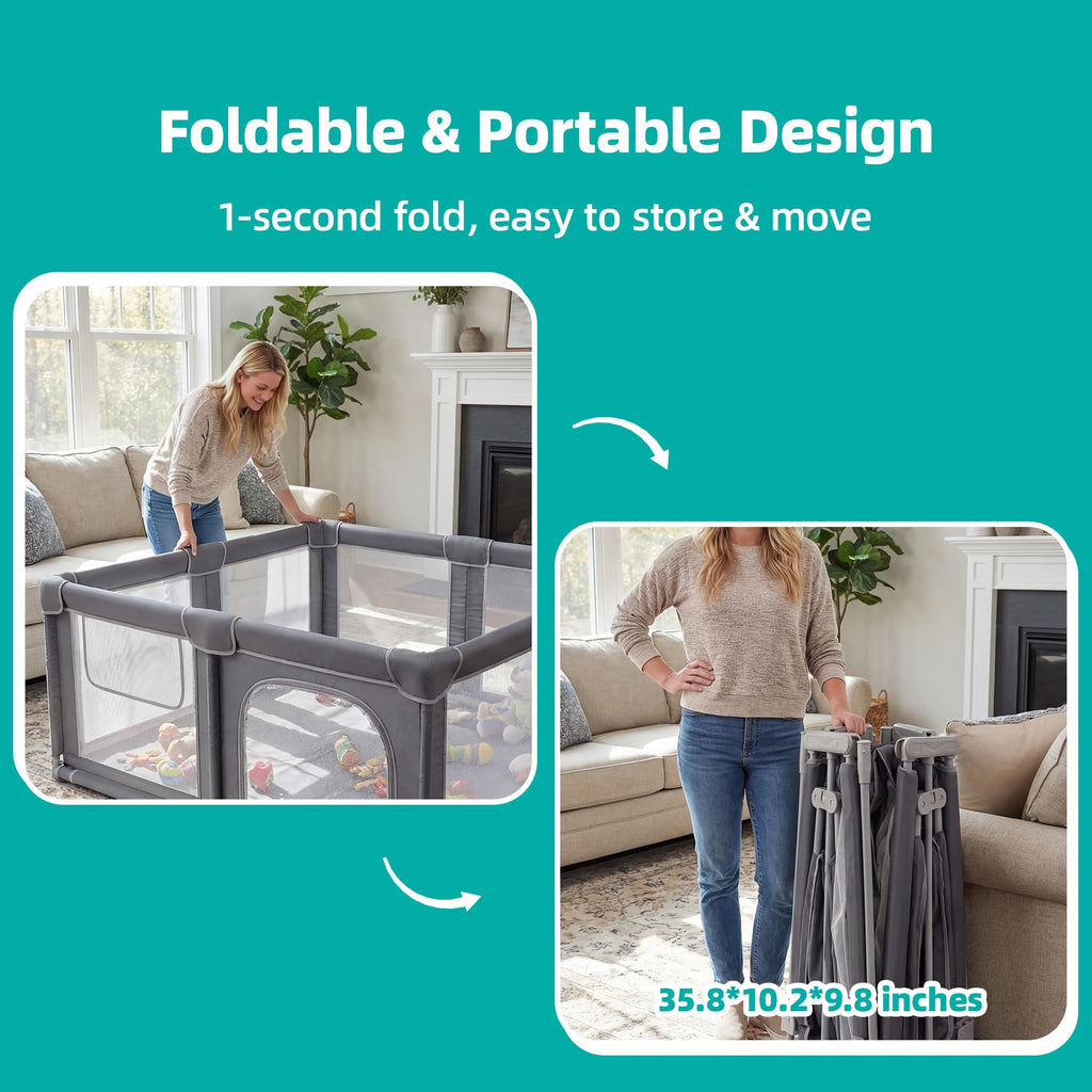 Foldable Baby Playpen with Mat, 71x59 Inches, Grey Y88543