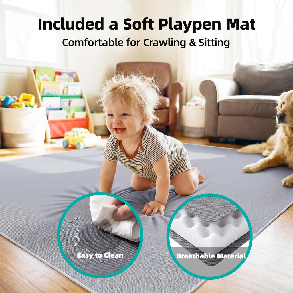 Foldable Baby Playpen with Mat, 71x59 Inches, Grey Y88543