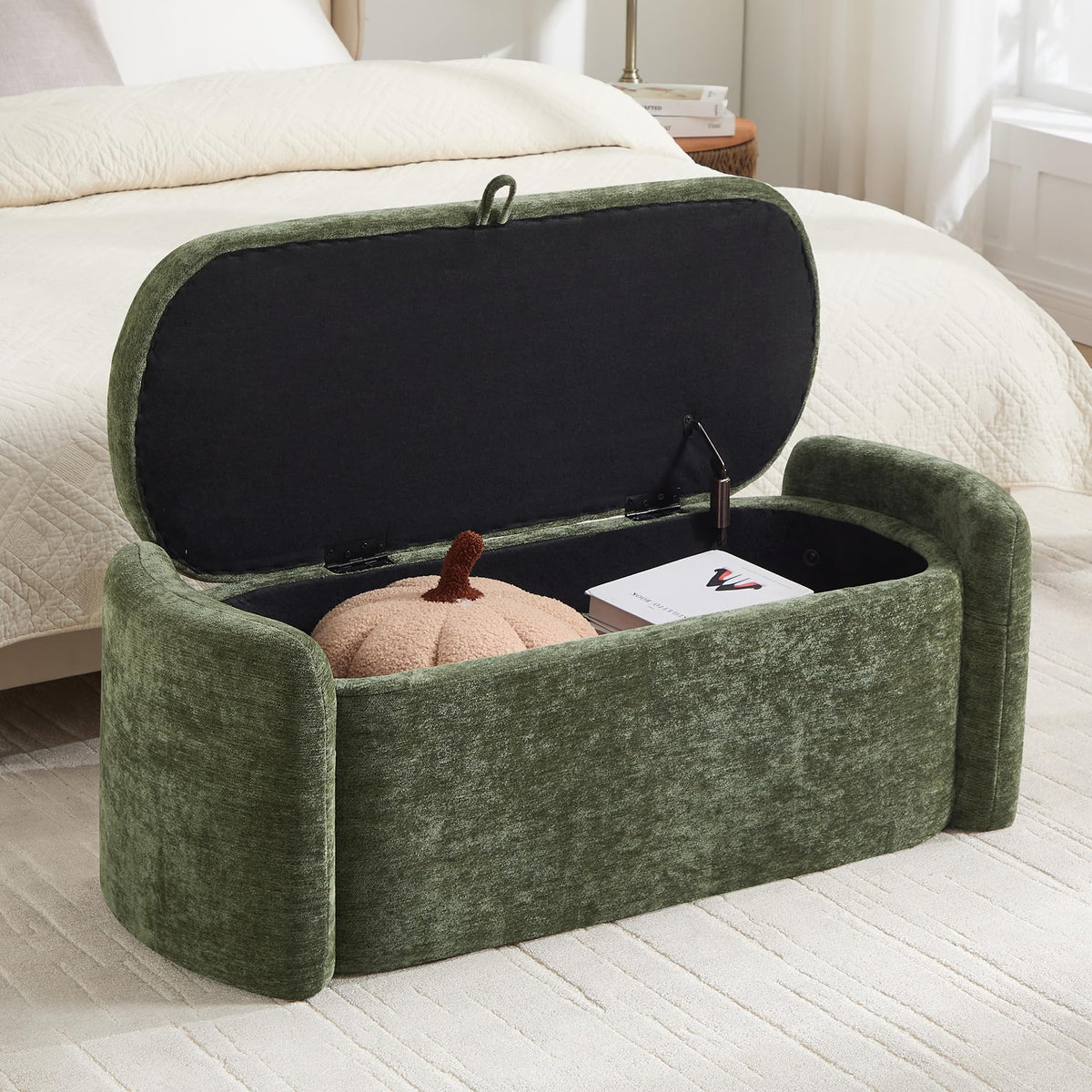 Green Chenille Upholstered Storage Ottoman Bench Y687