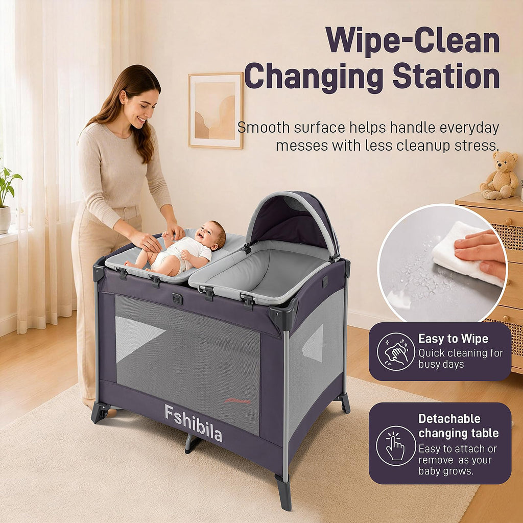 4-in-1 Portable Baby Playard with Bassinet and Changing Table, Black Q295