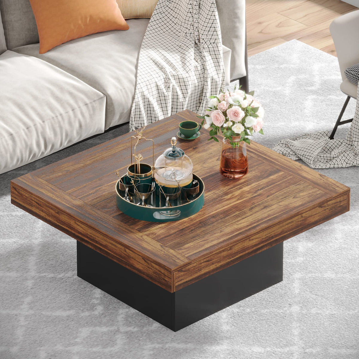 35.4-Inch Square Wood Coffee Table with LED Light X700251
