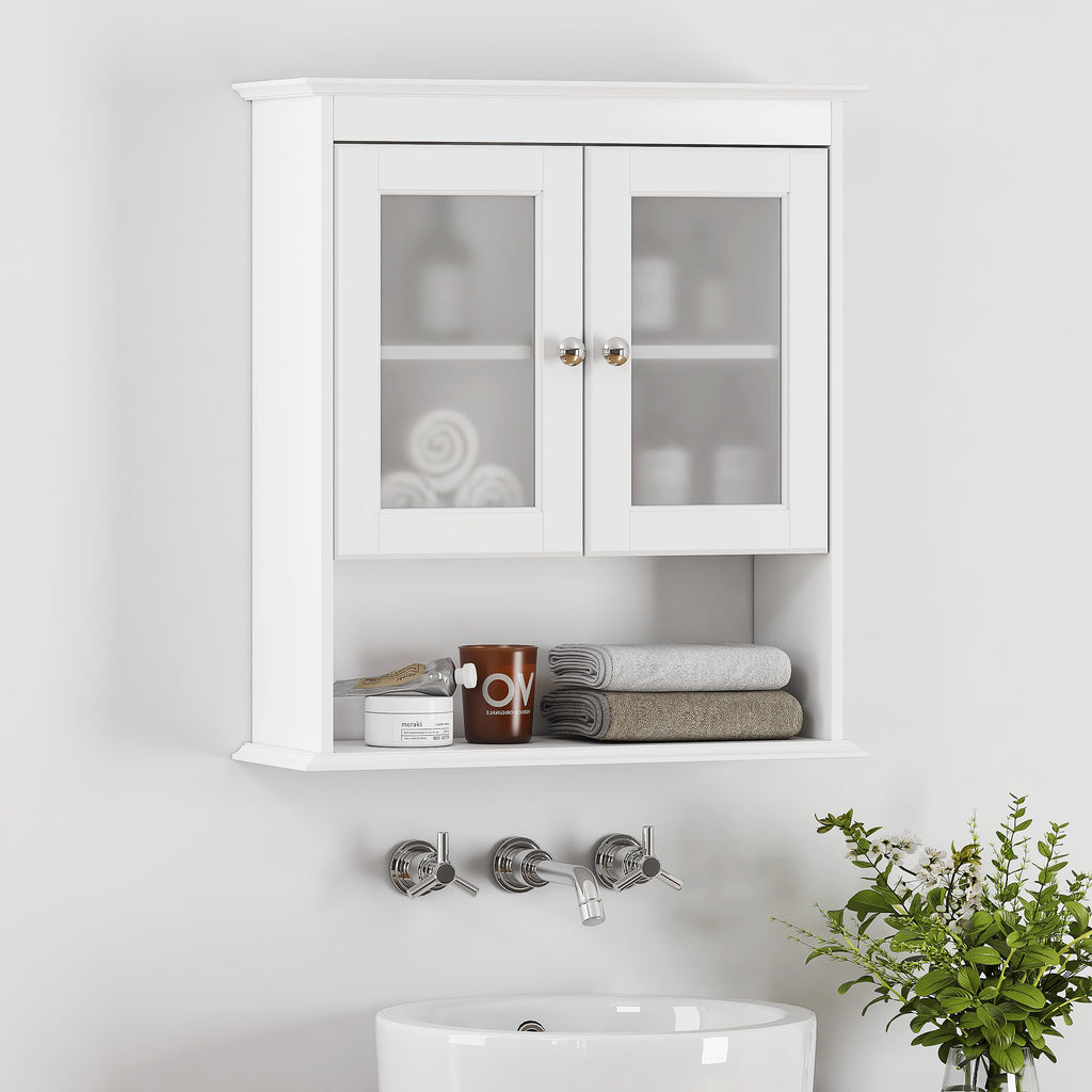 White Bathroom Wall Cabinet with Glass Doors Q489759