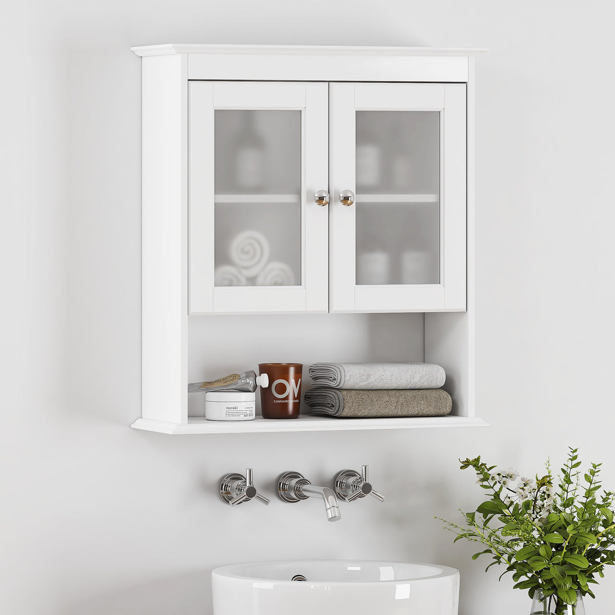 White Bathroom Wall Cabinet with Glass Doors Q489759