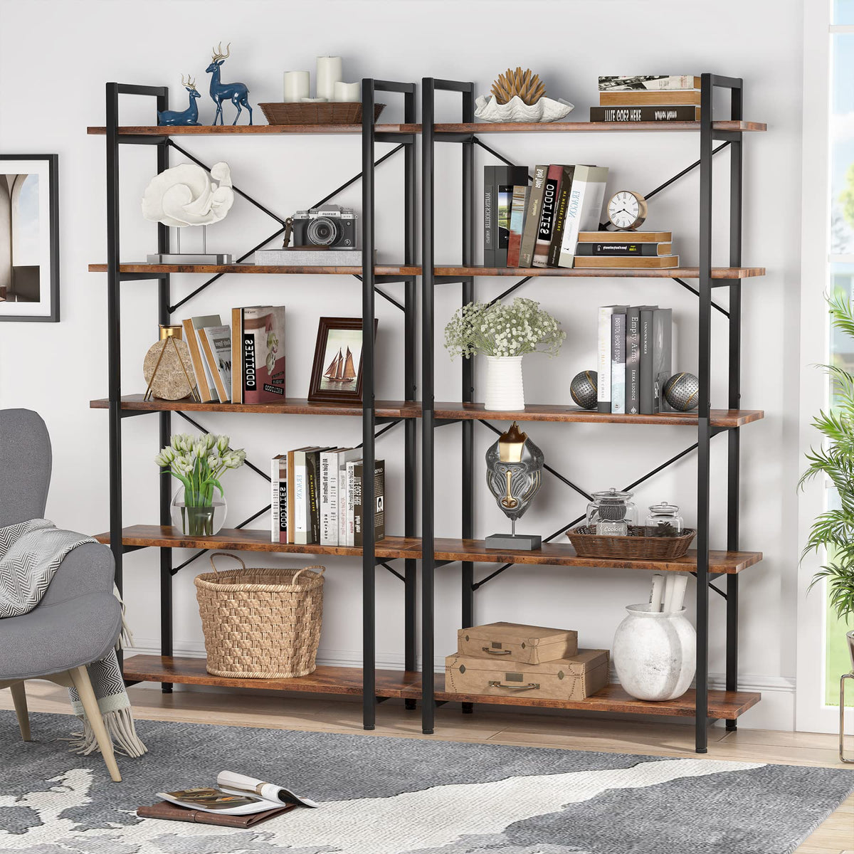 5 Tier Industrial Bookshelf with Metal Frame V702