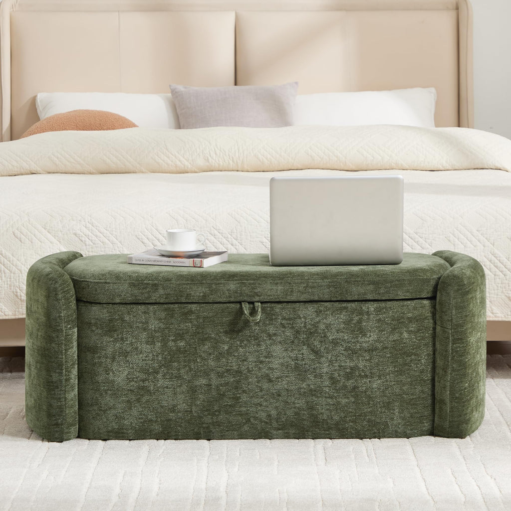 Green Chenille Upholstered Storage Ottoman Bench Y687