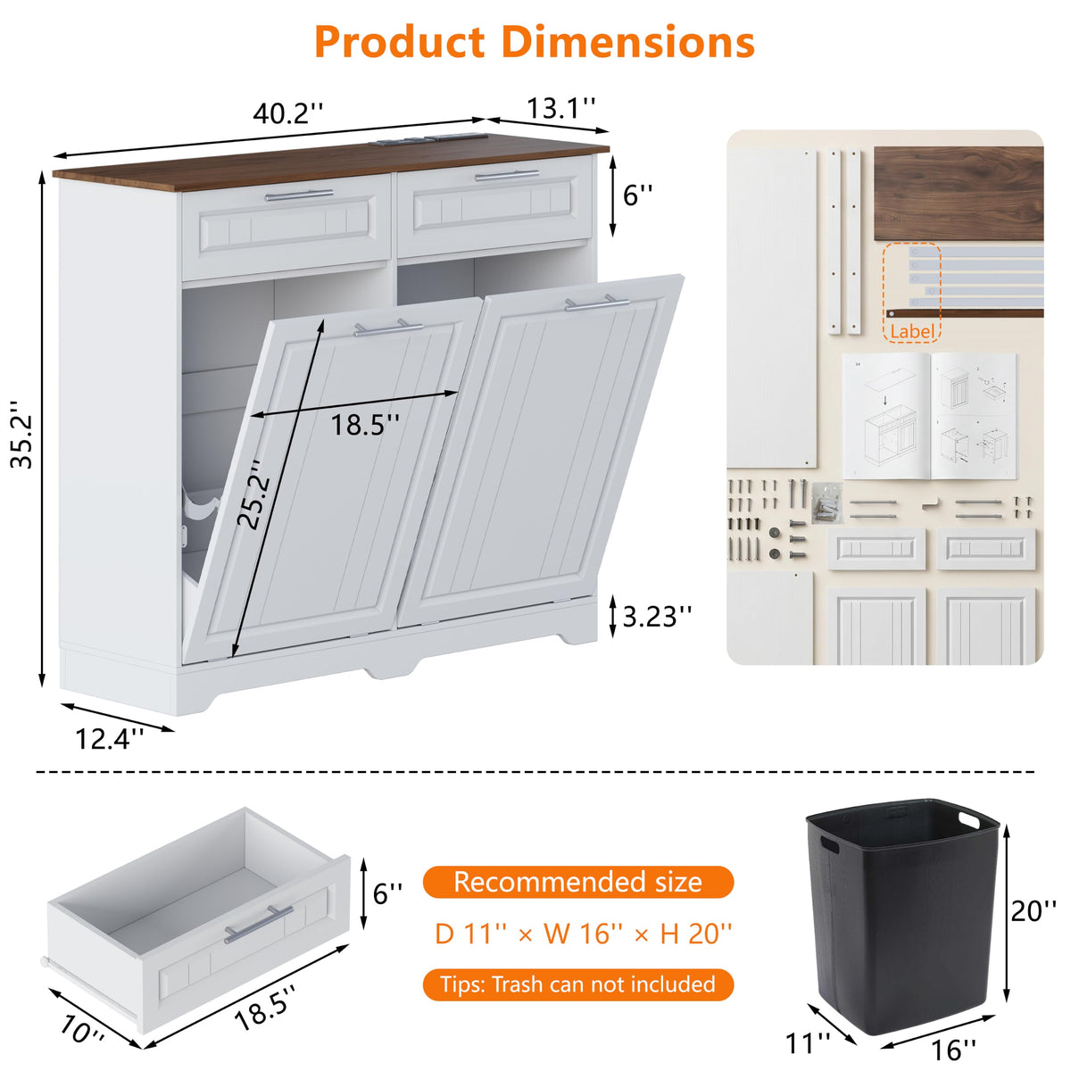 Double 10 Gallon Tilt Out Trash Can Cabinet with Power Outlet, White E692