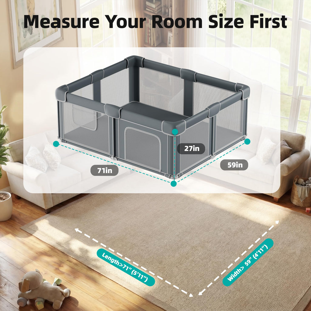 Foldable Baby Playpen with Mat, 71x59 Inches, Grey Y88543