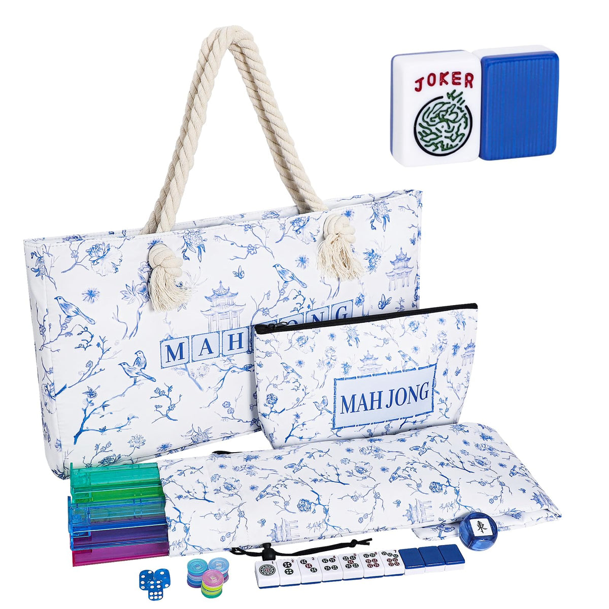 166 Blue Mahjong Tile Set with Bag and 4 All-in-One Rack/Pushers S955980