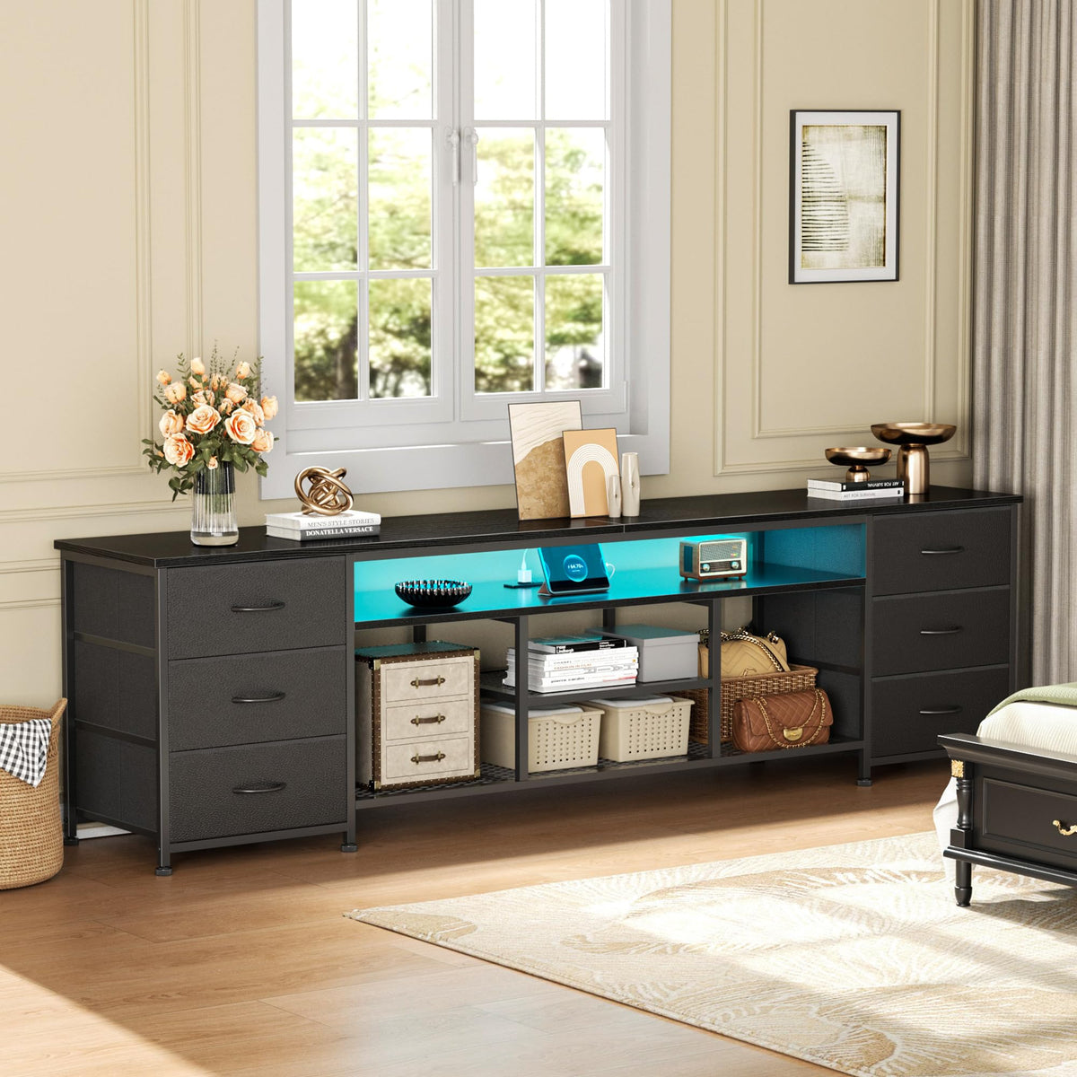 Black Dresser TV Stand with LED Lights & Charging Station D7615