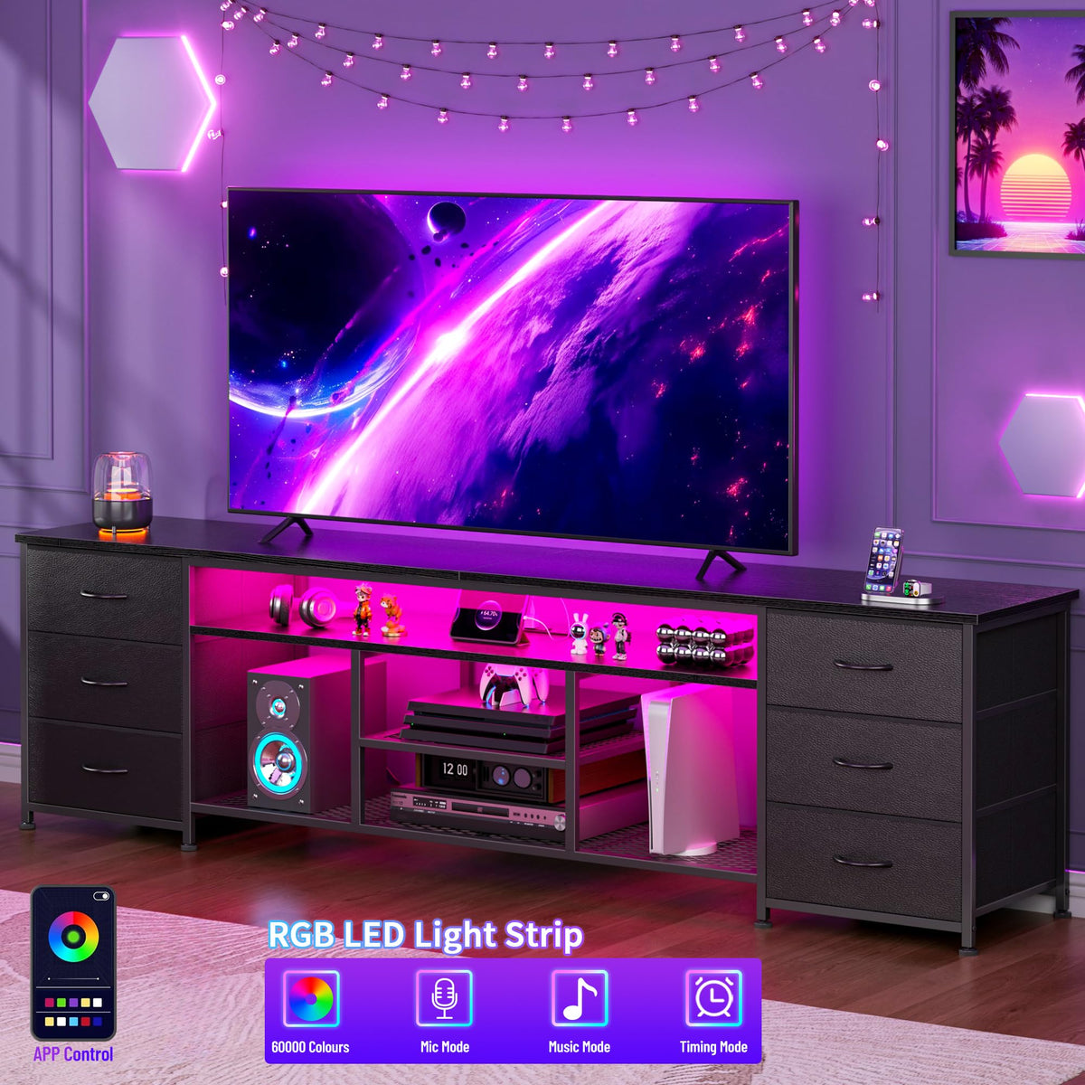 Black Dresser TV Stand with LED Lights & Charging Station D7615