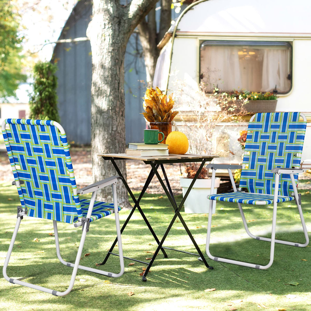 Folding Metal Webbed Outdoor Chair Set of 2 Blue A3562