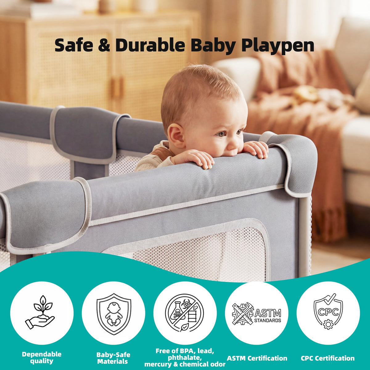 Foldable Baby Playpen with Mat, 71x59 Inches, Grey Y88543