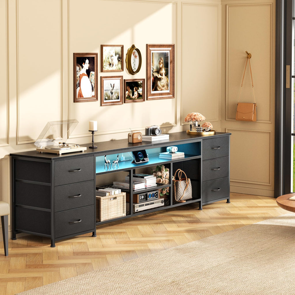 Black Dresser TV Stand with LED Lights & Charging Station D7615