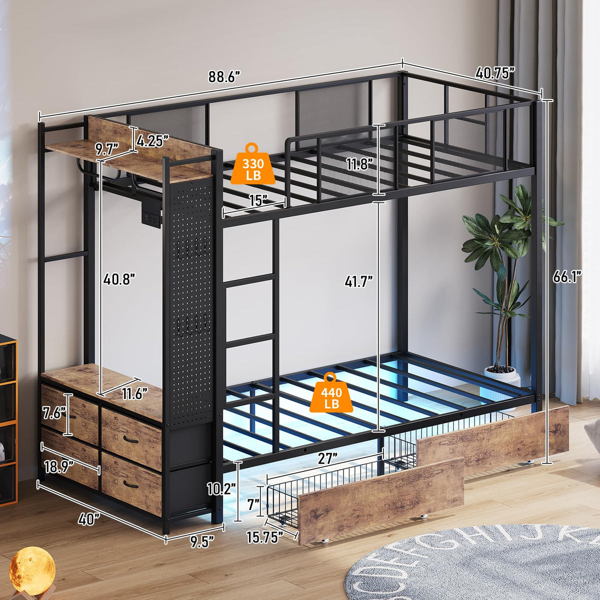 Twin Over Twin Metal Bunk Bed with Storage Drawers G75791