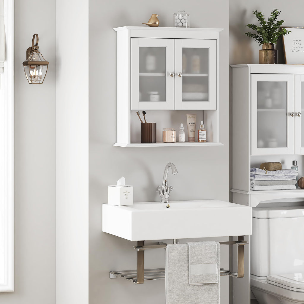White Bathroom Wall Cabinet with Glass Doors Q489759