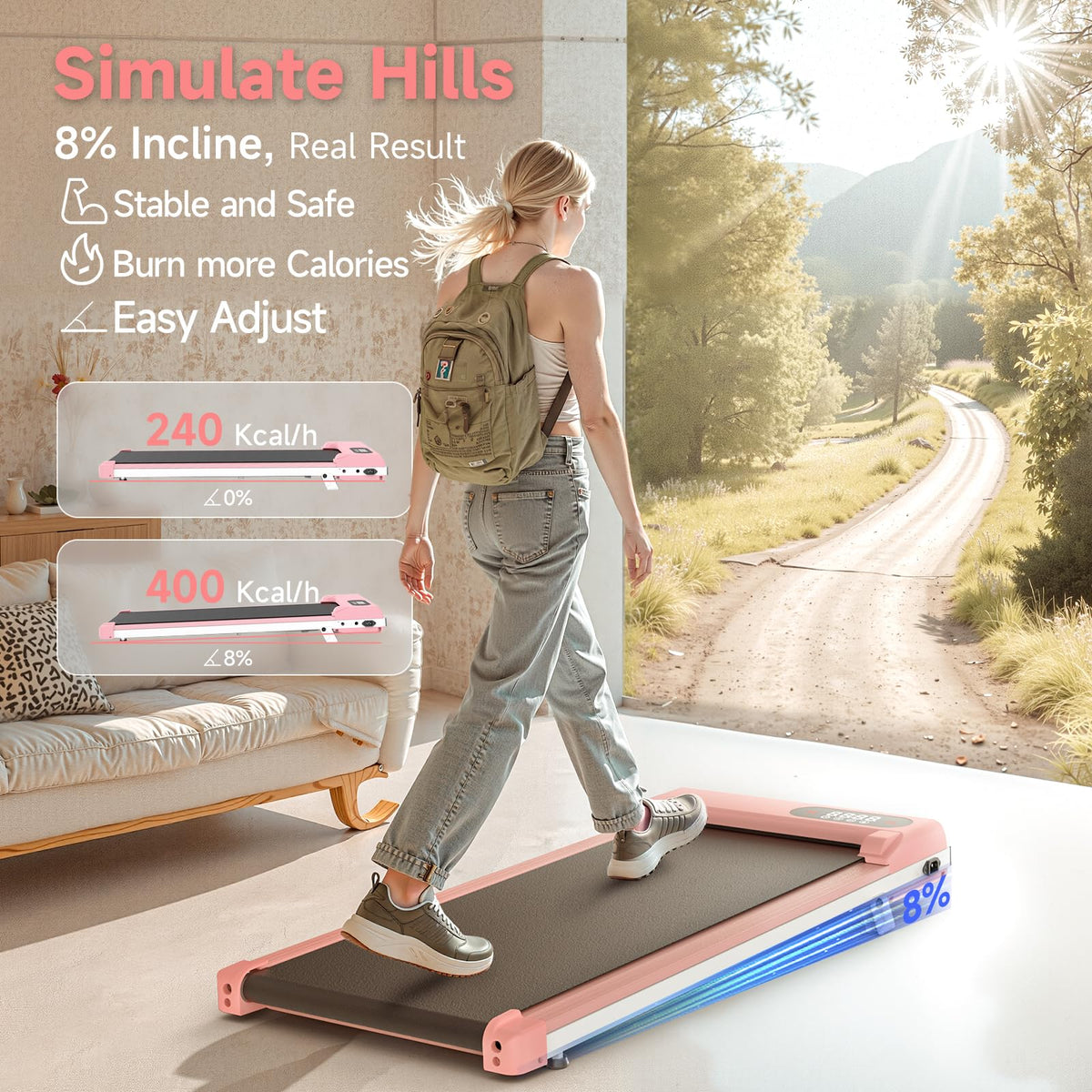 Pink 3 in 1 Portable Walking Pad Treadmill E526254