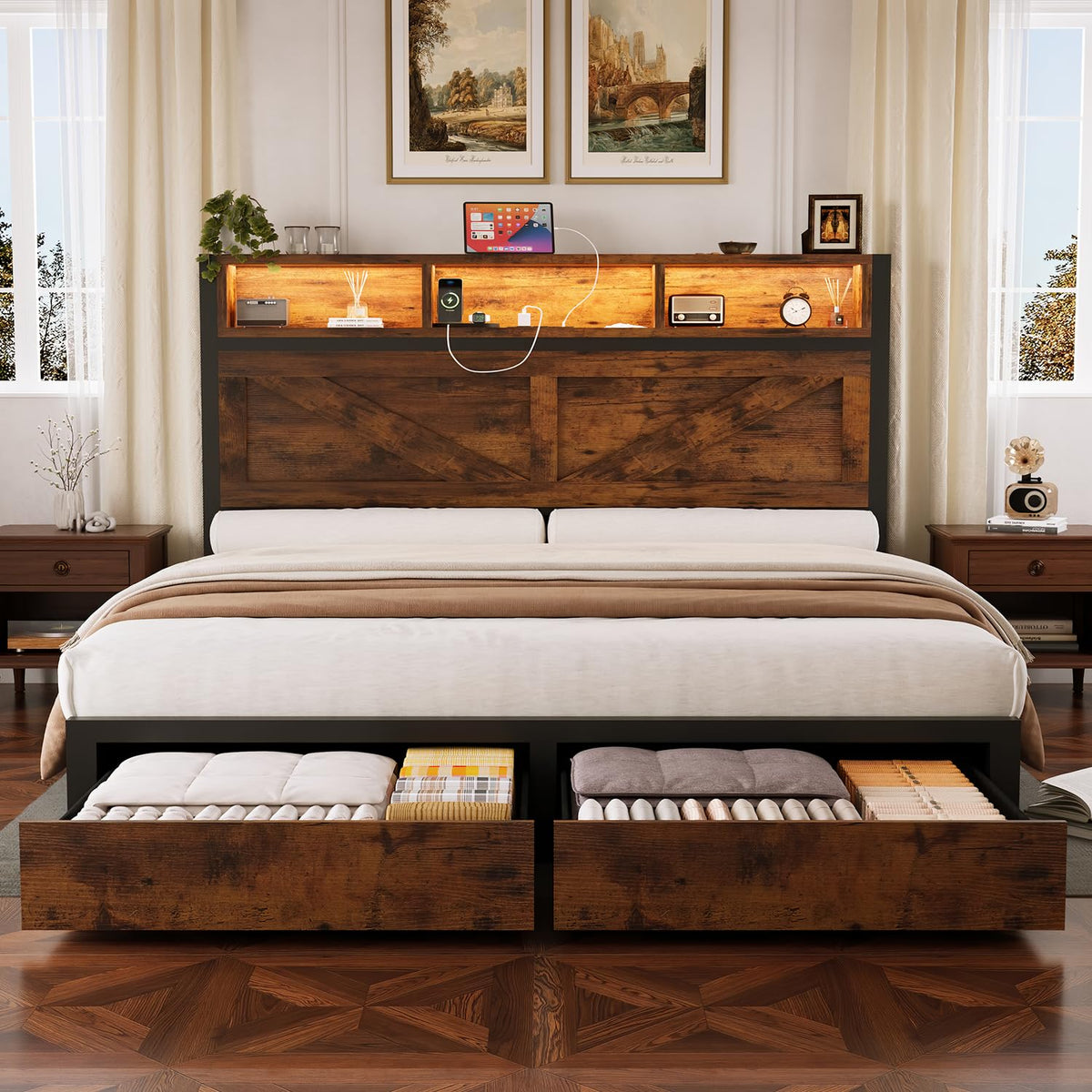 Queen Bed Frame with Bookcase Storage Headboard and 2 Storage Drawers F76935