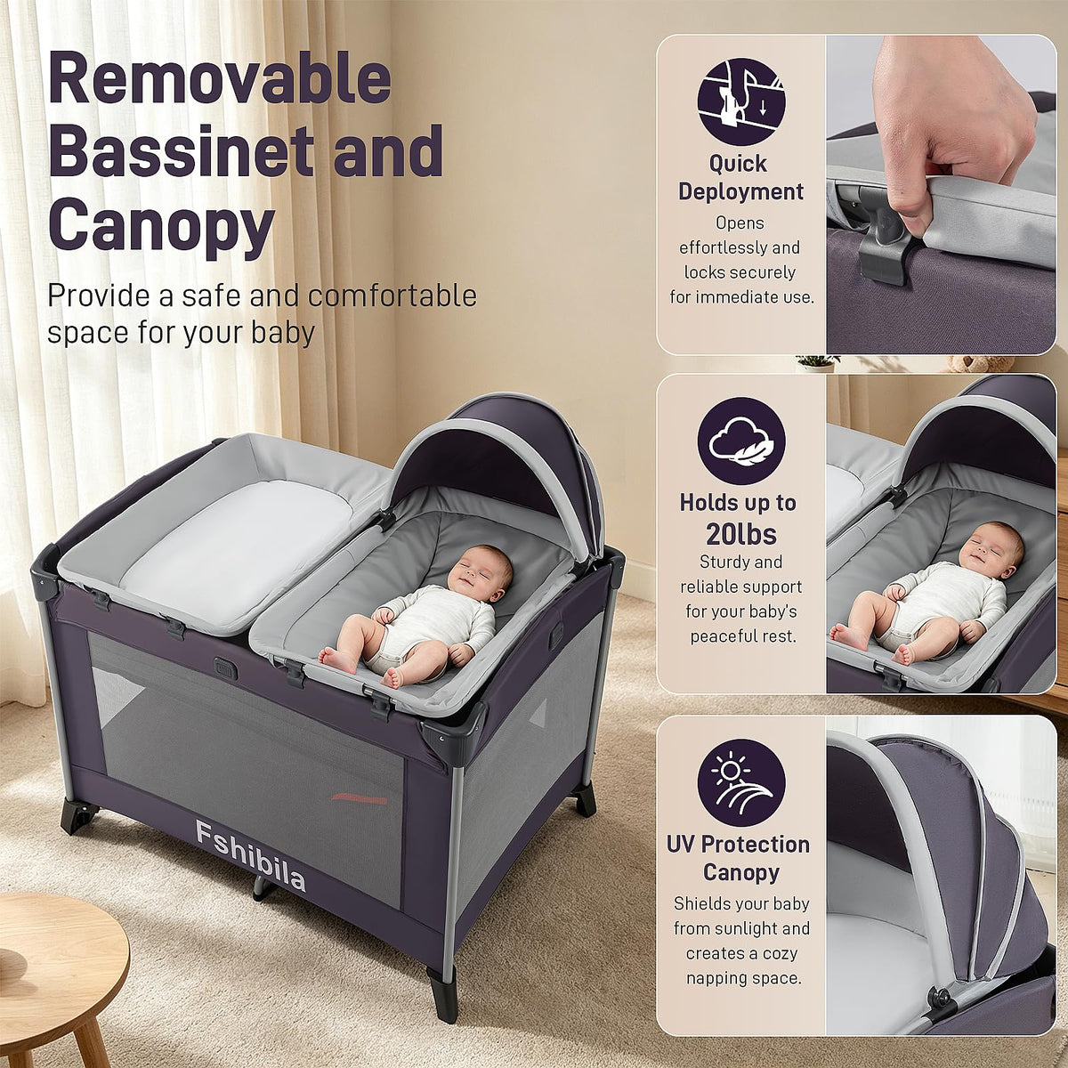 4-in-1 Portable Baby Playard with Bassinet and Changing Table, Black Q295