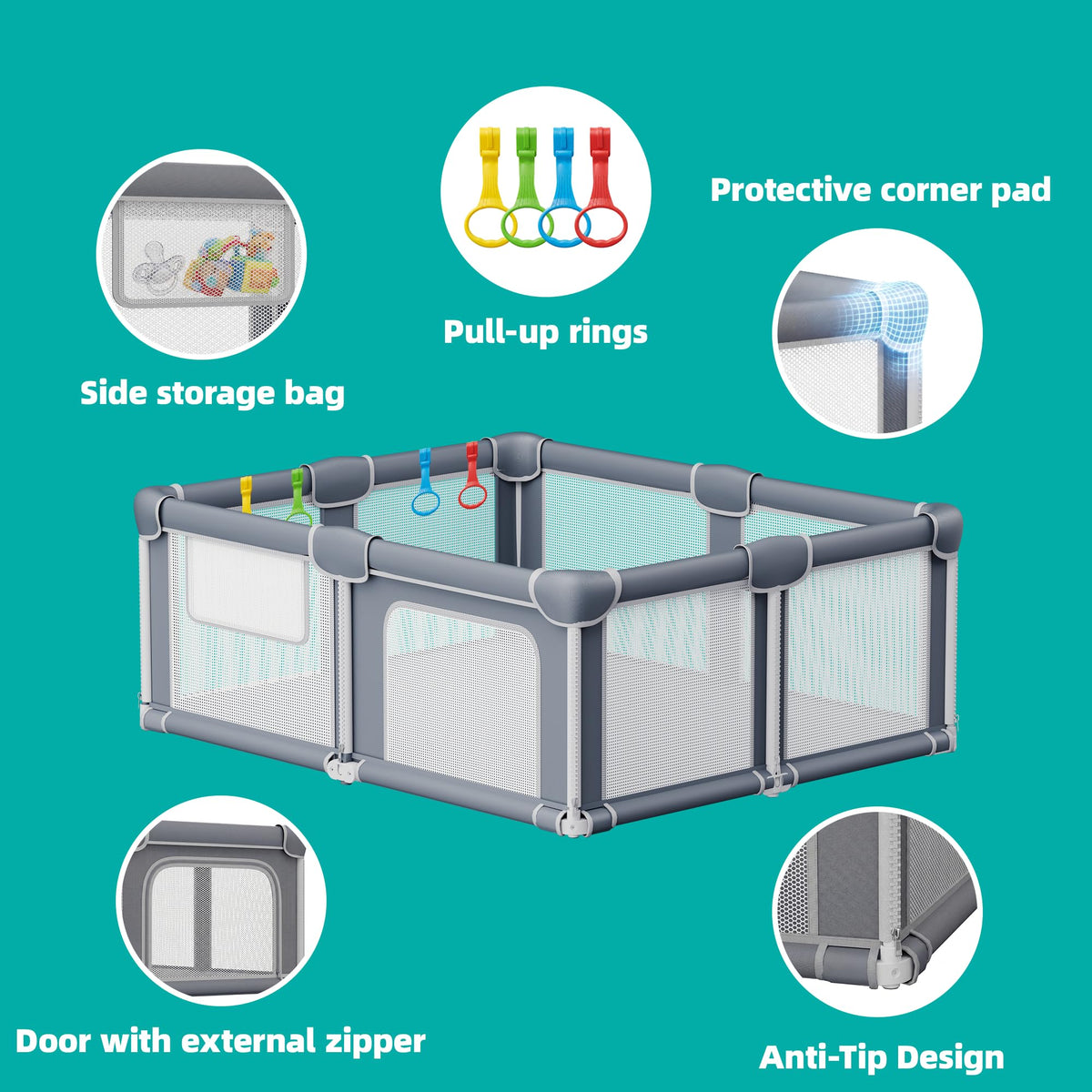 Foldable Baby Playpen with Mat, 71x59 Inches, Grey Y88543