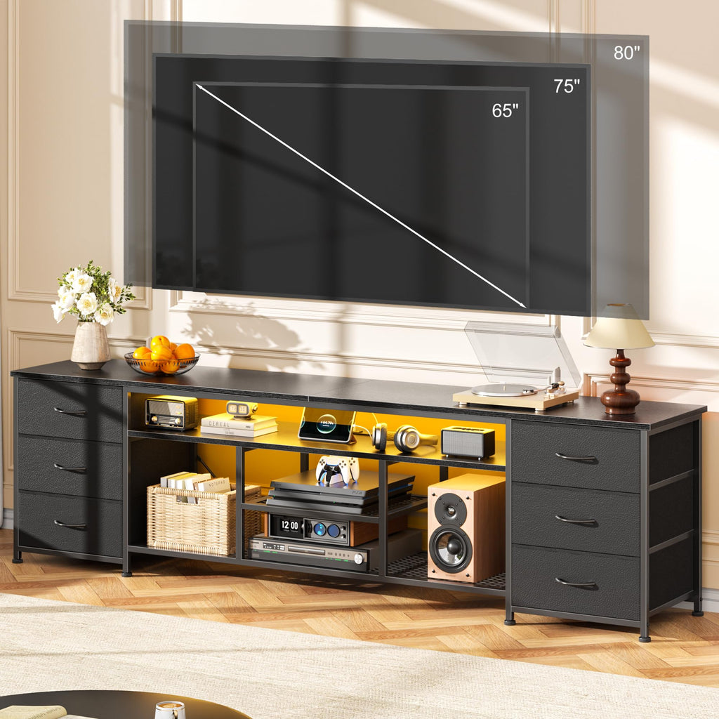 Black Dresser TV Stand with LED Lights & Charging Station D7615